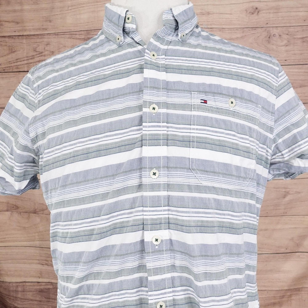 Tommy Hilfiger Shirt Mens Medium Striped Short Sleeve Button Down Custom Fit